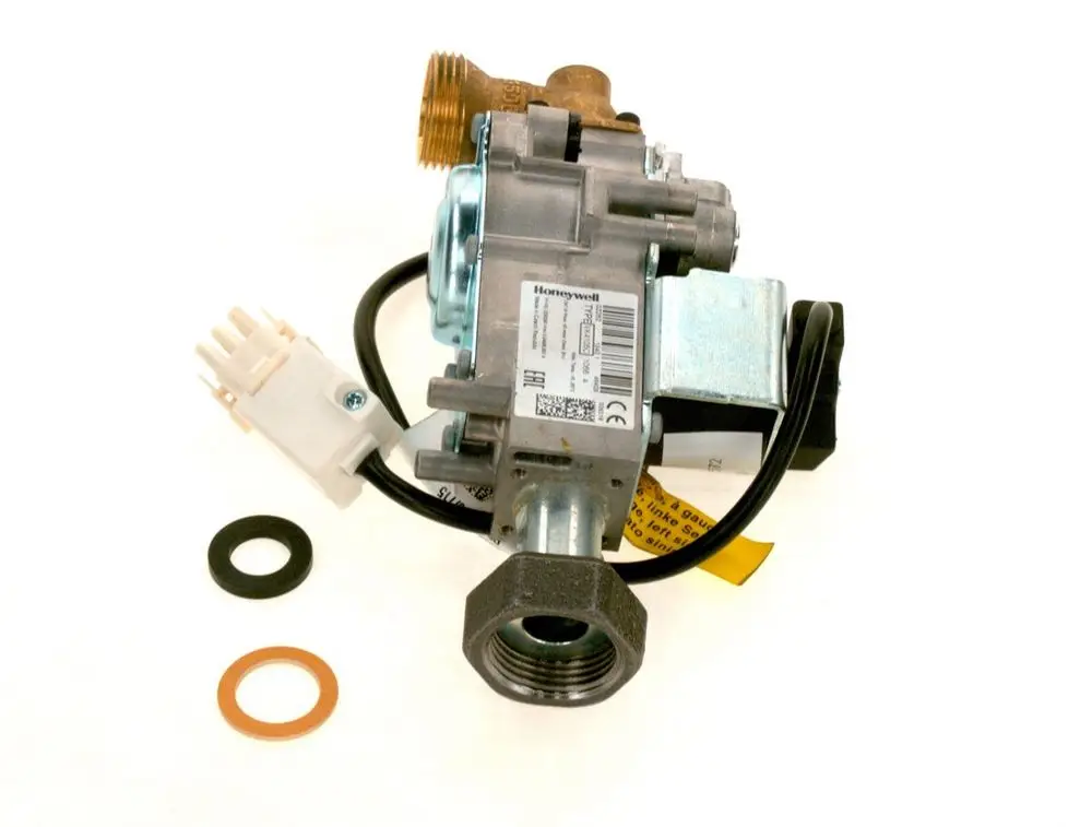 Gasarmatur von Bosch mit einer Metallmontagebasis, elektrischen Anschluss und mehreren Dichtungsringen. Komponenten sind sichtbar und ordentlich angeordnet.